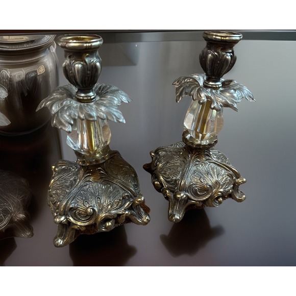 Pair Antique Hollywood Regency Style Ornate Gold cast Brass  Candlestick Holders main image 6